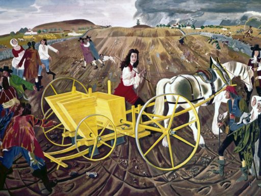Painting of Jethro Tull demonstrating his seed drill