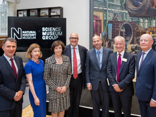 L-r: David Shukman, journalist and former Science Editor BBC News; Dr Julia Knights, Deputy Director, Science Museum; Dame Mary Archer, Chair of the Science Museum Group Board of Trustees; Roger Highfield, Science Director, Science Museum Group; Prince Hussain Aga Khan; Dr Doug Gurr, Director Natural History Museum; and Sir Ian Blatchford, Director and Chief Executive, Science Museum Group.
