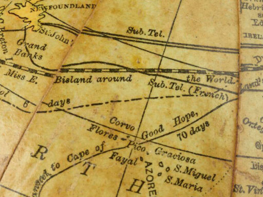 Crop of globe showing the circumnavigation of Elizabeth Bisland