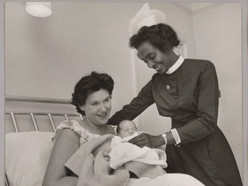 This image from the Daily Herald Archive features Britain’s first Black matron Daphne Steele at St. Winifred’s Maternity Home with a patient and her new baby.