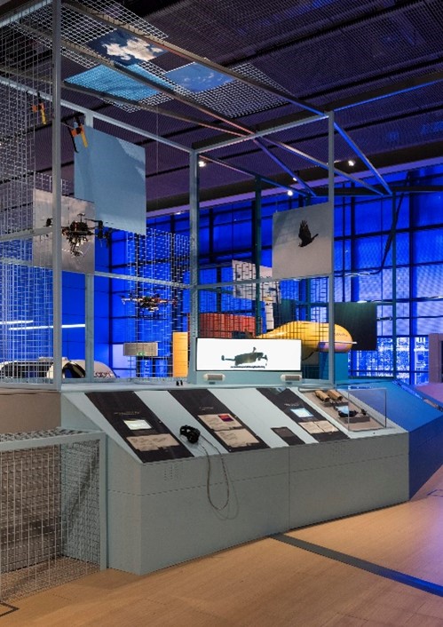 A large metal frame from the Driverless exhibition at the Science Museum.