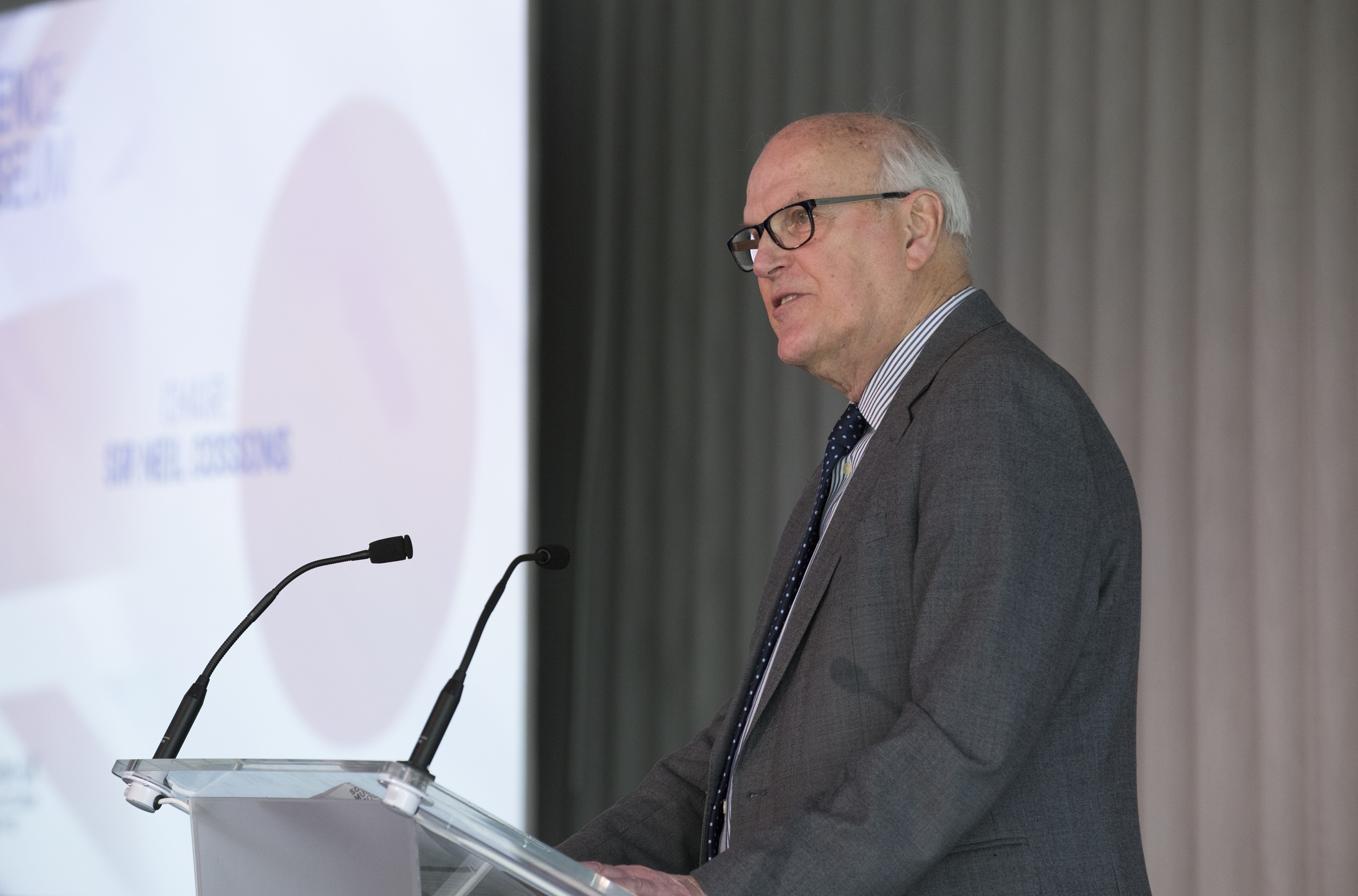 Sir Neil Cossons speaking at the Japan And Britain: Isles Of Innovation event at the Science Museum in 2020.